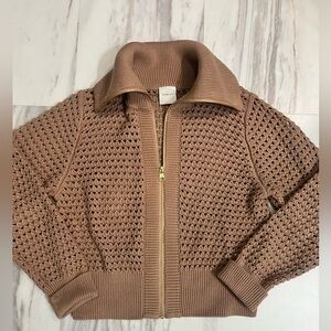 Varley Eloise Brown Open Knit Zip-Up Cardigan Medium
